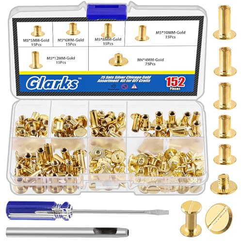 Glarks 150 Sets Gold Chicago Screws Assorted Kit, M5 x 5mm, 6mm, 8mm, 10mm, 12mm Chicago Rivets and 4x4mm Flat Head Stud Screw, Nail Rivet Chicago Button Screw Posts Metal Accessories