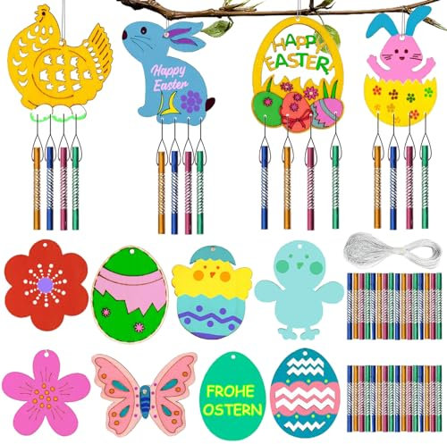 12tlg Ostereier Basteln Kinder, Bastelhandwerk Kreativset DIY Windspiel Geschenke Basteln Kinder,Ostern Holzeier Hase Schmetterling Ostern Party Dekorationen Frühling Jungen Mädchen Craft Kits.