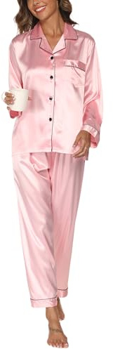 Reliwel Pyjama Femme Satin à Manches Longues Ensemble de Pyjama Femme Boutonné en Satin Pyjama Soie pour Femme Vêtements de Nuit Toutes Les Saisons 2 Pièces