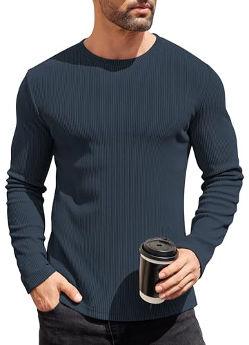 COOFANDY Mens Crew Neck Jumper Top Lightweight Fitted Long Sleeve Knitted Pullover Sweater Navy Blue M