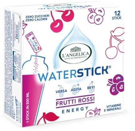 L'Angelica, Waterstick, Gusto Frutti Rossi, Energizzante, Con Vitamine e Minerali, Contro Stanchezza e Affaticamento, Zero Zuccheri & Zero Calorie, Senza Conservanti, 1 Astuccio da 12 Stick