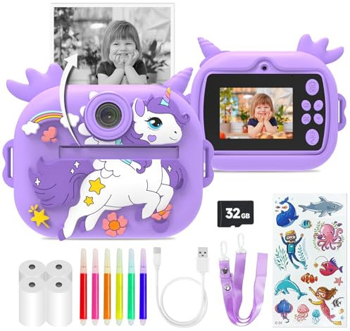 Appareil photo instantané pour enfants - Écran de 2,4 - Avec papier d'impression et carte TF 32 G - Caméra vidéo HD 1080P avec stylos colorés - Cadeau pour enfants de 3 à 12 ans - Violet