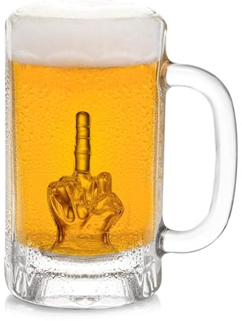 RUGLUSH Middle Finger Beer Mug – Glass Beer Mugs with Handles – Tall Glass Beer Mug for – Funny Beer Gifts for Men Birthday, Anniversary, Father’s Day – Sturdy Novelty Gifts for Men