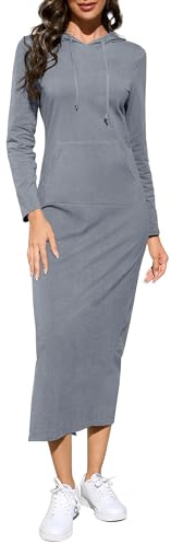 BeautyNee Women Long Sleeve Stripe Casual Hoodie Sweatshirt Long Maxi Dress Knee Length Pullover Dresses with Pockets Gray L