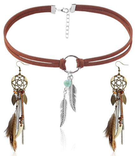 ZORVUJI Handgemachte Boho Feder Ohrringe Damen Set – Leder Choker Halskette & Vintage Anhänger, Retro Indianer Schmuck, Wikinger Stil Ohrringe, Tribal Schmuck für Frauen, Geschenkideen