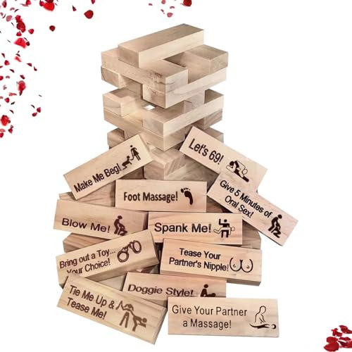 RoserRose Adulte Jeux à Empiler - 48 Blocs en Bois avec Défis Audacieux - Tour de Blocs Empilables en Bois - Jeu de Société Adultes pour Couples - Cadeau Romantique Anniversaire & Saint-Valentin