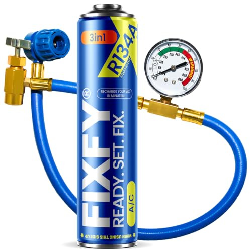 FIXFY 3 en 1 Gaz réfrigérant R134a de rechange, 500 ml, avec huile et mastic, kit avec tuyau et manomètre, pour climatisation automobile (modèles 1995 à 2016)