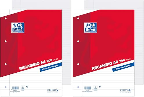 Oxford, Hojas Rayadas A4, Perforadas, 200 Hojas, Recambio Archivador (Paquete de 2)