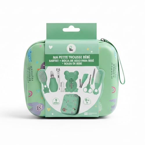PLIC CARE - Trousse de Soin Bébé Verte - 7 Accessoires Essentiels - Trousse Compacte et Solide - Idéale pour les Premiers Soins de Bébé - Dès la Naissance - Design Mixte - Format Nomade