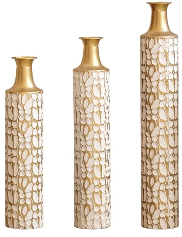 Tall Floor Vase - 3 Sizes (24/28/32 Inch) Gold & White Floral Pattern Decorative Vase for Home Living Room Bedroom Decor, Ideal Mother’s Day Present for Mom