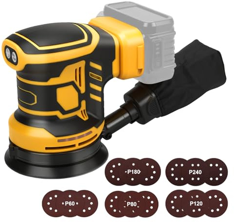 Roadtime Ponceuse Excentrique pour DeWalt 18V Battery (San Batteries),125 mm Ponceuse Orbitale aléatoire sans fil, 3 vitesses 7000-11000pm avec récipient de capture de poussière et 15 papier de verre