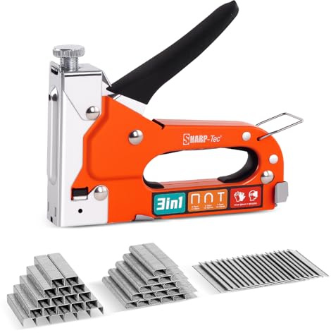 Sharp-tec 3-in-1 Staple Gun, Upholstery Staple Gun Kit with 3000 Staples, Staplers & Tackers with Quick-Jam Release for Wood, Cardboard, Crafts, DIY, Cable, Carpet (Orange)