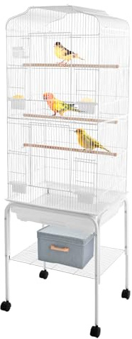Jaula para pájaros con ruedas, jaula grande para periquitos y loros, con soporte y bandeja de almacenamiento, pajarera de metal con bandeja extensible, 137,5 cm de alto, color blanco