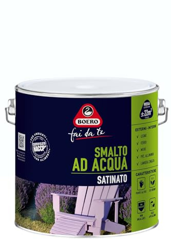 Boero Fai Da te, Smalto Satinato all’Acqua, per Interno/Esterno, Inodore, Ecofriendly, Pronto all’Uso, per Legno, Ferro, PVC, Latta da 2L, Colore Bianco