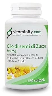 Vitaminity olio di semi di zucca 500 mg 120 Softgel, Integratore anticaduta capelli donna e uomo, supporta in benessere del prostata ricco di fitosteroli - Made in Italy