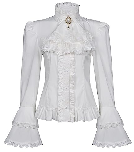 Mingyuezai Victorian Blouse Womens Gothic Pirate Shirt Vintage Long Sleeve Lotus Ruffle Tops (L, 010 White)