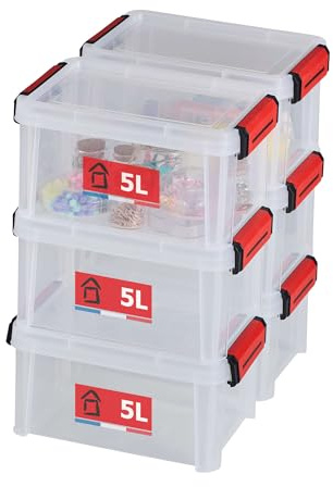 SUNDIS Clip'N Store 5l, set med 6 förvaringslådor i transparent plast, förstärkt med clip-on lock, lämplig för matkontakt, raka väggar, stapelbar och kombinerbar