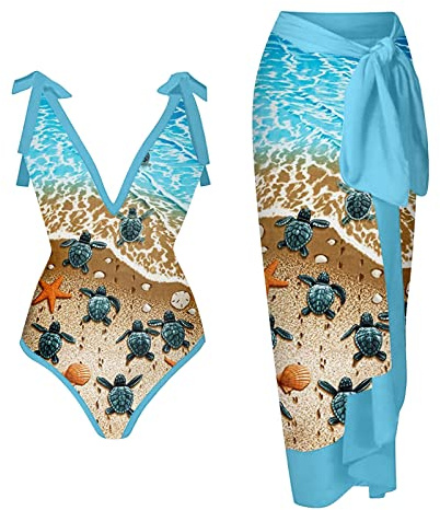 Costume da Bagno da Donna, Snellente, Costume da Bagno, Costume Intero Sexy da Donna con Costume da Bagno Stampato Gonna Lunga in Due Pezzi (Colore : Little Turtle, Size : M)