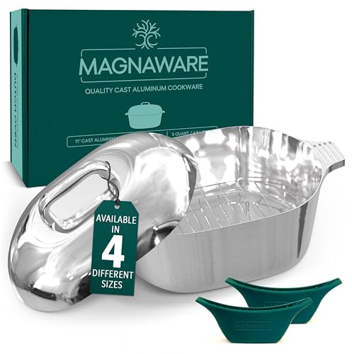 Magnaware Cast Aluminum Dutch Oven - Oval Lightweight Pot For Cajun Cookware, Bread Baking & More - Roaster Pan with Silicone Covers & Rack For Even Heat Distribution - 5L