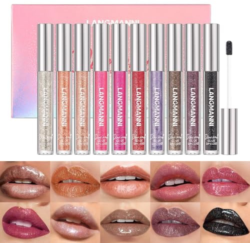 10PCS Lipgloss Set, hochpigmentierte Diamant-Glitzer schimmernde Lipglosse, feuchtigkeitsspendend, lang anhaltend, wasserfest, nicht klebend, Makeup Set für Frauen (B)
