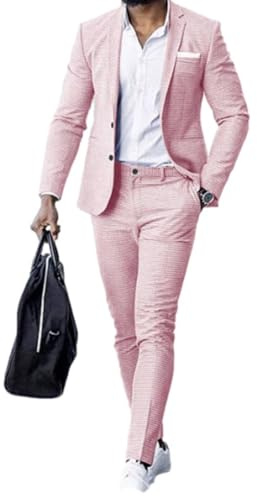 Drkobr Hombre 2-Piezas Pequeño Pata de Gallo Traje 2 Botones Vestido Esmoquin Chaqueta Pantalones para Boda Cena de Negocios Prom