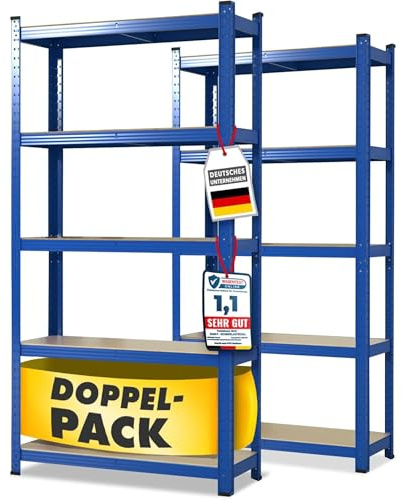 OfficeMarshal Confezione doppia di scaffali per carichi pesanti, blu, 200 x 120 x 60 cm, scaffalatura, scaffalatura, scaffale, sistema a incastro montato senza attrezzi (Lakota)
