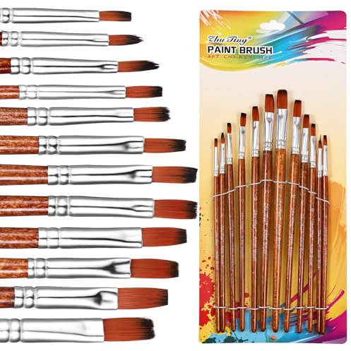 Giantree Set di 12 pennelli piatti professionali, in nylon, con manico lungo, per acquerelli, acrilici e pittura a olio (testa piatta)