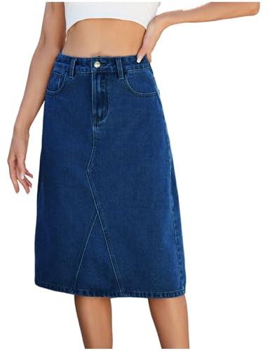 Mrat Gonna in denim con tasche per donna UK, tessuto elasticizzato, lavaggio medio, aderente, gonna a linea A, eleganti jeans bodycon da lavoro per ufficio, lunghezza al ginocchio, gonna snellente e a