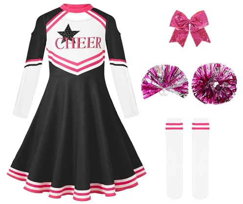 LOLANTA Costume da Cheerleader per Bambine Nero, Abito da Cheerleader a Maniche Lunghe con Pompon e Calzini, Perfetto per Carnevale o Eventi Sportivi(Nero,14-15 Anni, 170)