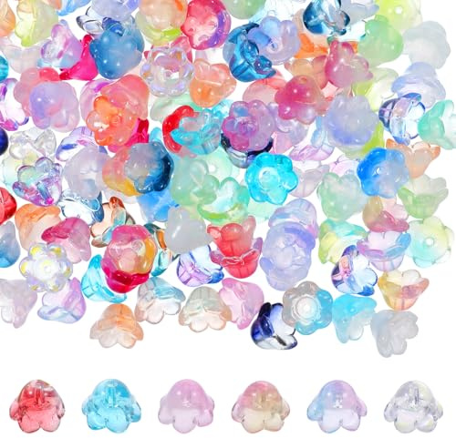 150PCS Glass Flower Beads, Mixed Color Glass Bellflower Beads, Trumpet Flower Bead, Gradient Clear Cute Bead for Bracelet, Necklace, Earring, Jewelry Making and DIY Craft