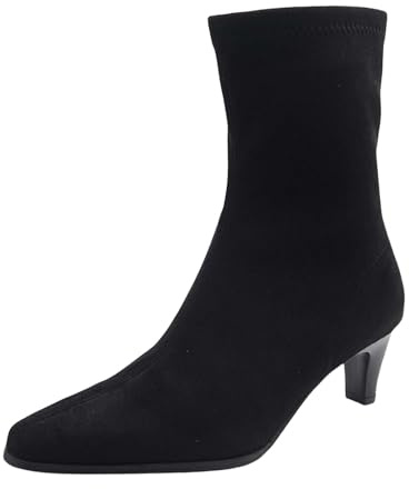 Botines para mujer con tacón de bloque en punta para mujer, botas de ante puntiagudas, con tacón de bloque, elásticas, estrechas, con cremallera, botines de tacón alto, Negro , 42 EU