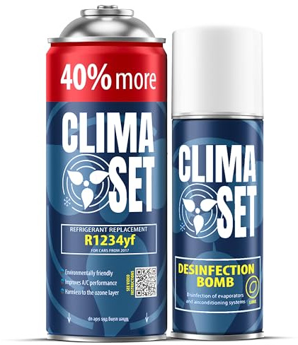 ClimaSet – R-1234yf köldmedium XL & luftkonditioneringsrengöringsmedel för bilar – Luftkonditionering Självpåfyllningsset – Påfyllningsset, Bilklimat Påfyllning – 235 g