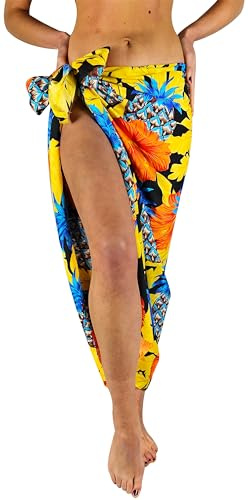 King Kameha Hawaiano Sarong Pareo Envoltura La Playa Mujer Casual Bikini Cubra Muy Fuerte Traje de Baño Hibisco Piña Impresión, Cover-up Pineapple Hibiscus Negro Amarillo Grande, L
