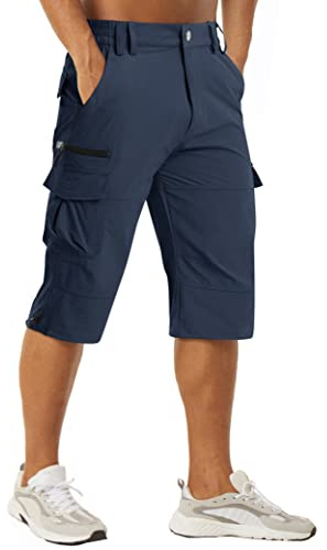 MAGCOMSEN Snabbtorkande arbetsshorts för män utomhus 3/4 capribyxor blixtlåsfickor vandring klättring shorts, Marinblått Xsp, 48