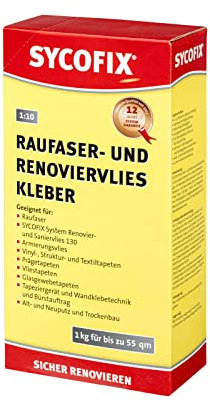 SYCOFIX Raufaser- und Renoviervlies Kleber 1kg, Tapetenkleister für Raufaser-, Vliestapeten, Renovier-, Malervlies, Glasgewebe, Tapeten aller Art, feuchtigkeitsbeständig, transparent