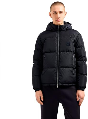 Armani Exchange Icon Project da Uomo, Toppa in Rilievo con Logo, Piumino in Nylon Lucido, Blu Scuro, L, Blu Scuro, L
