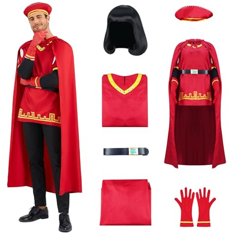 Men Farquaad Costume,Farquaad Red Cloak Top Robe Cape with Hat Gloves Halloween Cosplay Full Set XL