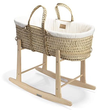 Clair de Lune Organic Palm Moses Basket with Natural Rocking Stand, Award Winning Baby Bassinet 75 x 28 cm (Natural Cream)
