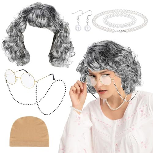 XEPST 7 STÜCK Alte Dame Perücke Kostüm Set-Alte Dame Kostüm Zubehör Set mit Oma Perücke Brille Faux Perlenkette Armband Ohrringe für Halloween Kostüme Cosplay Karneval Kostüm, C