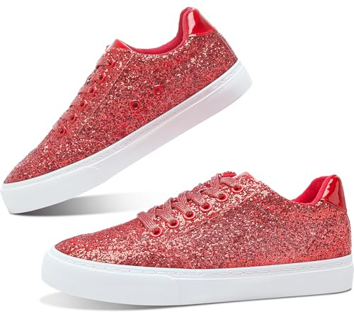 Jeekopeg Red Glitter Women's Casual Fashion Sneakers, Size 12 UK, Model Glitter, Sparkly Sequin Low Cut Lace Up Shoes