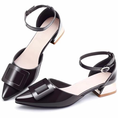 Danglianying Women's Pumps Shoes Pointed Toe Low Heels Ankle Strap Closed Toe Wedding Party Dress Pumps 3Black Size 8.5