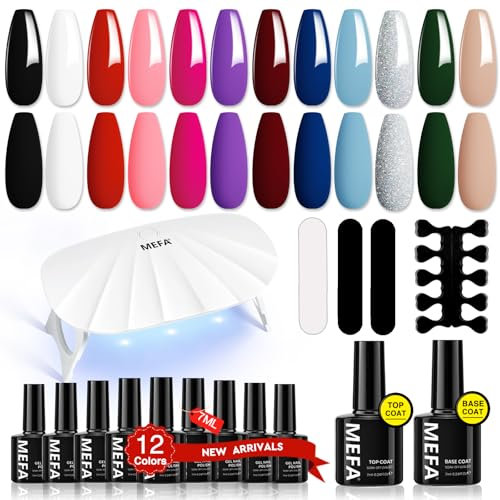 MEFA Kit Uñas Semipermanentes con 6W UV/LED Lámpara, 12 Colores Negro Blanco Rojo Rosa Púrpura Marrón Azul Verde Desnudo Kit Uñas de Gel Completo con Base y Top Coat, Semipermanentes Kit Completo