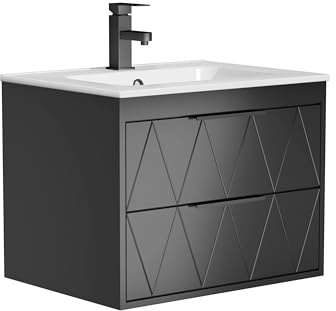 UEV Mobile Bagno Sospeso con Lavabo in Ceramica, 60CM Lavandino Bagno con 2 Cassetti, Lavandino Bagno con Mobiletto Moderno, Soft-Close, Nero