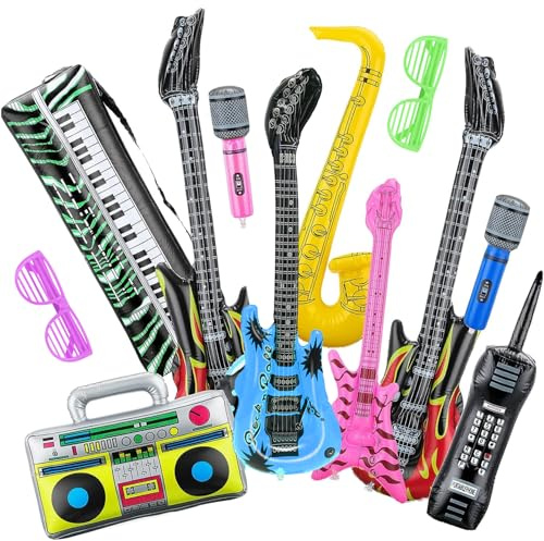 Inflatable Instruments Party Props Set, Inflatable Microphones Rock Star Guitars Balloons Kit with Saxophone Piano for 80s 90s Themed Rock and Roll Disco Party Photo Booth Decorations