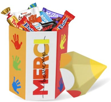 Boite crayon garnie d'un Assortiment de 20 bonbons au chocolat MILKA, KINDER, CELEBRATIONS | Cadeau de fin d'année pour les Maîtresses, Maîtres, ATSEM & Nounous