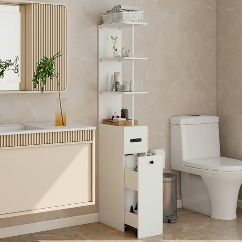 ZealWe Badschrank Hochschrank, Badezimmerschrank Badregal Schmal mit Schubladen, offenem Fach, Kippsicherung, Toilettenschrank Beistellschrank, Badezimmer Aufbewahrung Schrank für Bad Waschküche, Weiß