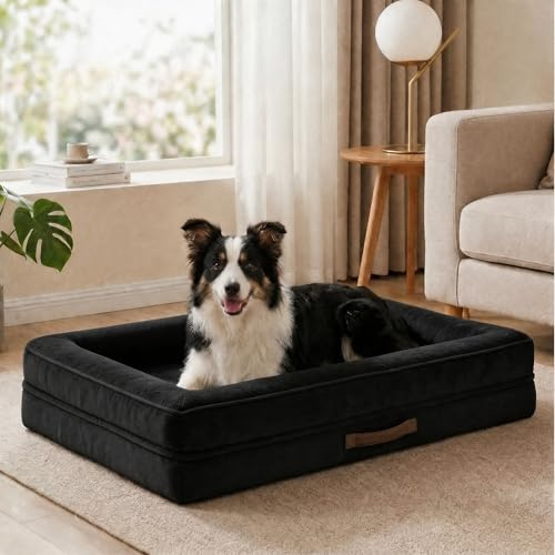 Renvix Large Orthopedic Dog Bed, Waterproof Dog Sofa Bed with Removable Washable Cover, Soft Egg Foam Pet Bed, Non-Slip Bottom and Four-Sided Bolster Cushion（Black, 91x61x18cm）