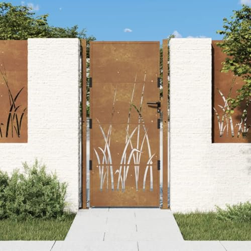 Metal Garden Gate, Swing Gate Entrance Security Door 105x180 cm Corten Steel Grass Design