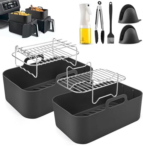 Air Fryer Accessories, Set of 9 Ninja Air Fryer Accessories for Ninja AF451UK AF300UK AF400UK Tower T17088 Including Silicone Liner for 7.6-9.5L Air Fryer Dual Racks Silicone Gloves Oil Sprayer etc