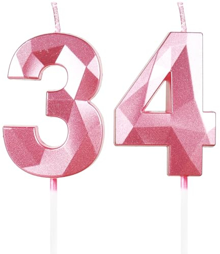 Yiran Pink 34th Birthday Candles, Number 34 Happy Birthday Candles, Pink Cake Topper Decorations for Birthday Party, Wedding Anniversary Celebration Supply for Girls Women